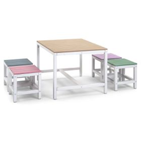5-piece Children's Patio Table And Chair Set - 1 Table & 4 Stools, 29.5 Inches, Khaki, Pink, Purple, Blue, And Green Color Blocking, Made Of Poplar Wo