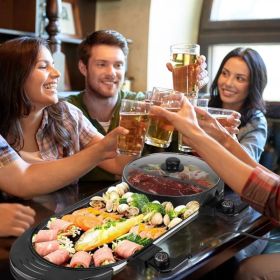 Dual-Electric 2 In 1 Hot Pot & Grill Combo, 2200W Rapid-Heat Indoor , 3.7 QT Non-Stick Hotpot Separate Temp Control , Apartment-Friendly Party Cooker