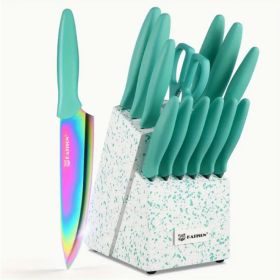 14-Piece Rainbow Colored High Carbon Stainless Steel Kitchen Knife Set, Titanium Coated Blade, Rust-Free & Super Sharp, Flatware Set With Wooden Stand