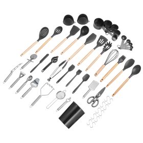 Kitchen Cooking Utensils Set, 50 PCS Silicone Spatula Set with Holder, 428 Fahrenheit Heat Resistant Gadget Spoons Tools, Wooden Handle