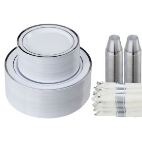 Plastic Disposable Plates, 350 Pcs Plastic Dinnerware Set, Include 50 Dinner Plates, 50 Dessert Plates, 50 Pre-Rolled Napkins, 50 Forks, 50 Knives