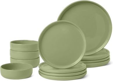 Glazed Stoneware Dinnerware, 12-Piece Set, 4 Full Place Settings, Microwave and Dishwasher-Safe, Olive