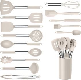 Silicone Cooking Utensils Set of 15, Kitchen Utensils Set with Holder for Nonstick Cookware, 446Â°F Heat Resistant Stainless Steel Handle - Khaki