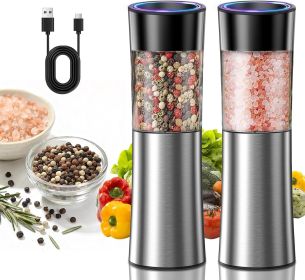 Rechargeable Gravity Electric Salt and Pepper Grinder Set Automatic Stainless Steels Salt and Pepper Mills with LED Light, No Battery Needed