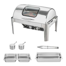 Roll Top Chafing Dish Buffet Set, 9 Qt, Stainless Steel Chafer with 2 Half Size Pans
