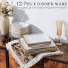 Square Dinnerware Sets for 4, 12-Piece Stoneware Dish and Bowls Set, Handmade Reactive Glaze Coupe Plates Set